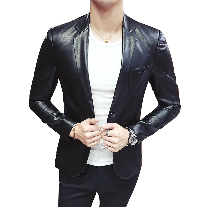 Мужской черный кожаный блейзер модное приталенное мотоциклетное пальто для