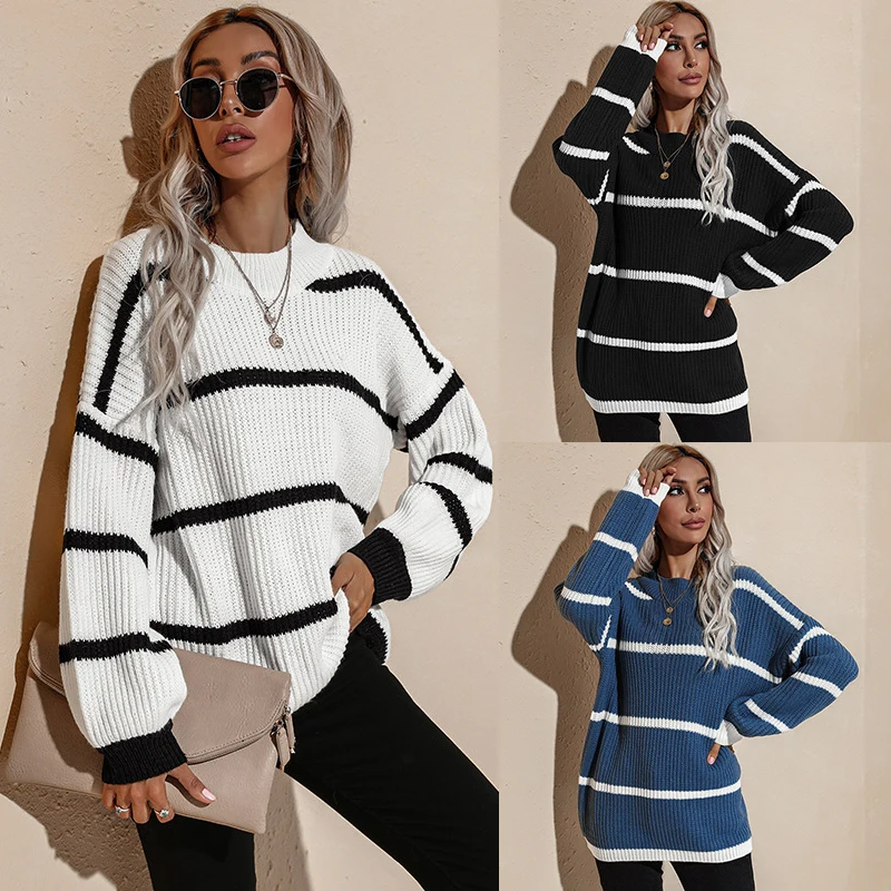 

Women Soft Autumn O-Neck Sweaters Knit Pullovers Chic Daily Tops Sweet Striped Harajuku Loose Knitted Jumper Womens Pullover New
