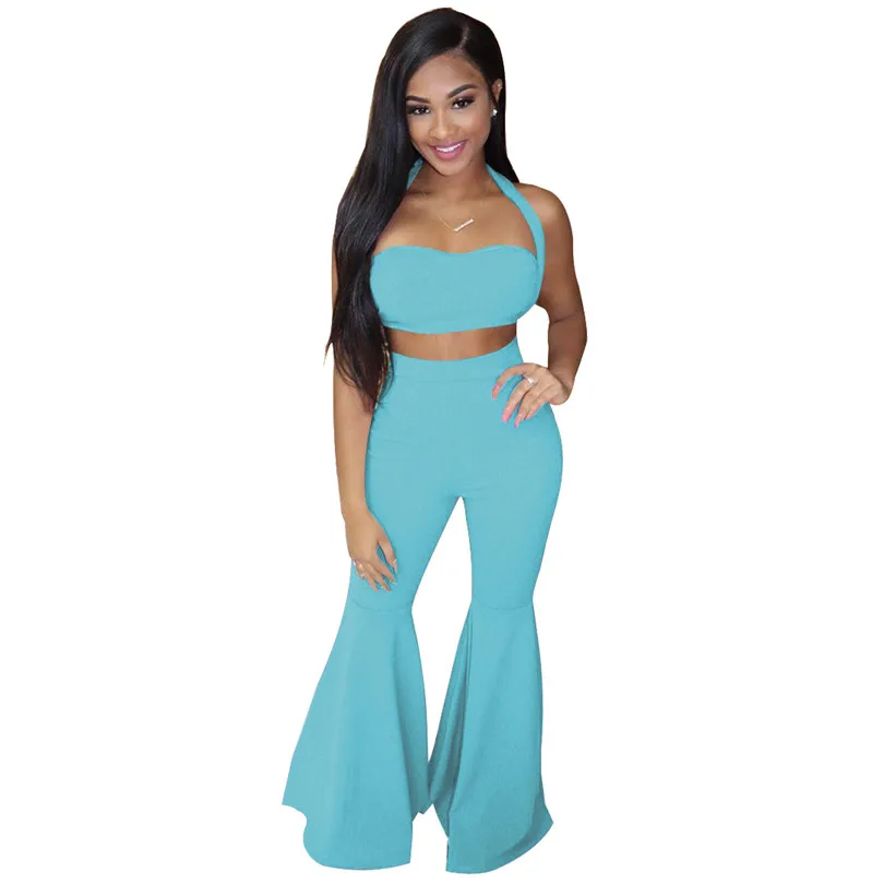 New Women halter neck short crop top wide leg pants suit two piece set fashion club party night tracksuit outfit 3 color | Женская