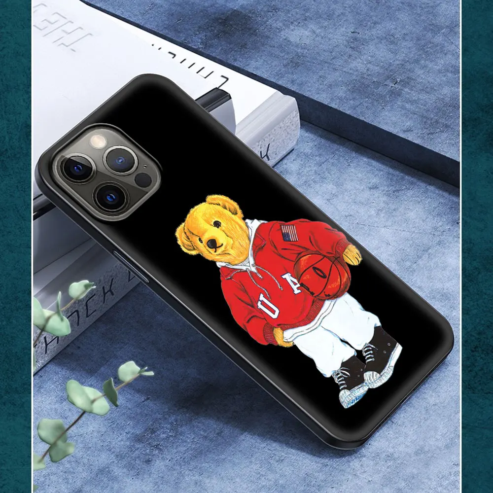 

Phone Case For iPhone 11 12 Pro XS Max 8 7 Plus X XR Silicone Soft TPU Black Shell Back Cover Coque Bag Fashion Cute Bear Italy