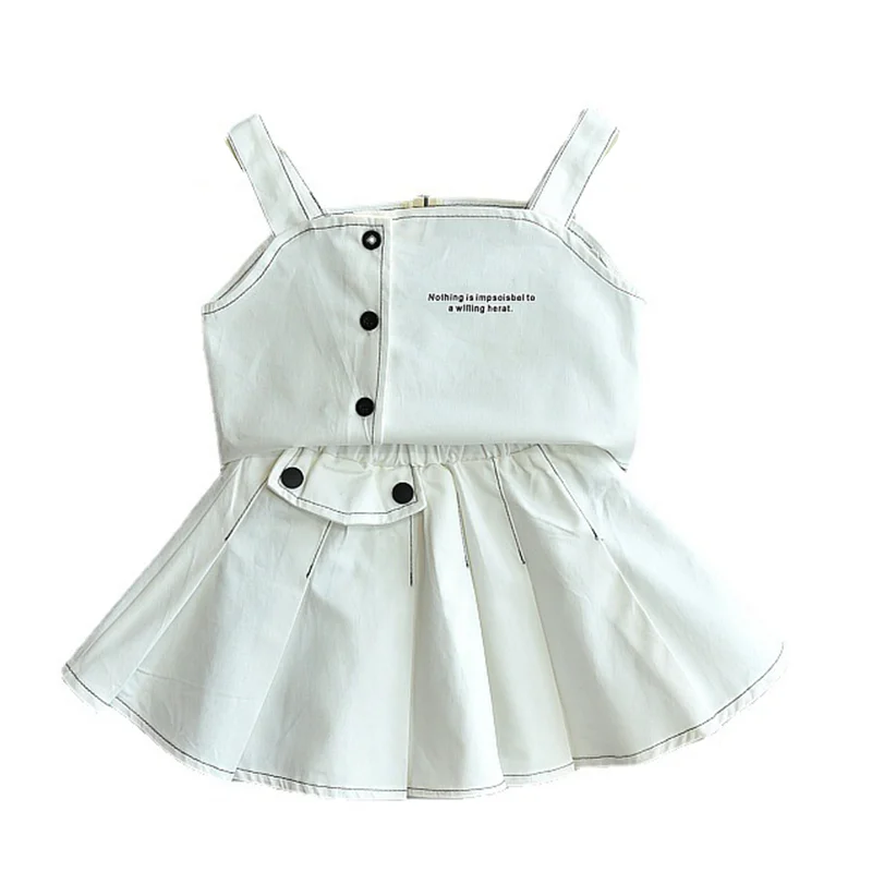 

2021 Summer Girls Sets 2Pcs Clothing Kids Casual Suit Fashion Suspender Tops+Mini Pleated Skirts Children Outfits 2-7 Years Old