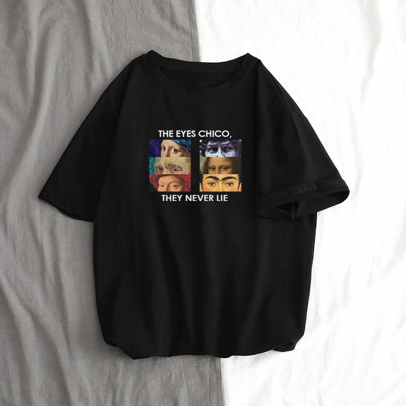 black Van Gogh Summer new female short sleeve cartoon letters spoof ins tops funny art print tees Harajuku Ulzzang loose T-shirt - Цвет: black