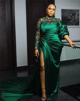 dark green mermaid formal evening dress sexy side high split ruched lace long sleeve african prom pageant party gowns