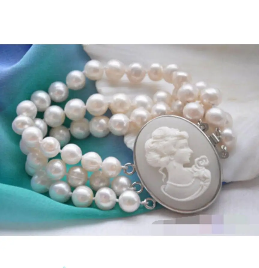 

Free Shipping 3row 8" WHITE ROUND FRESHWATER PEARL BRACELET