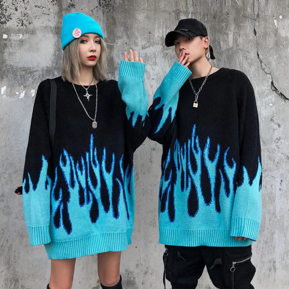 

Autumn New Men's Retro Flame Pattern Hip Hop Sweaters Pull Over Spandex O-neck Oversize Couple Casual Streetwear