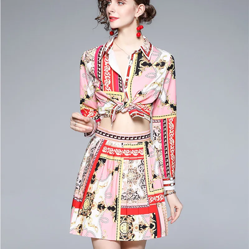 

Spring Autumn Office Lady Runway Skirts Sets Women Single Breasted Shirt Top+High Waist Printed Pleated Skirts 2 Two Pieces Suit