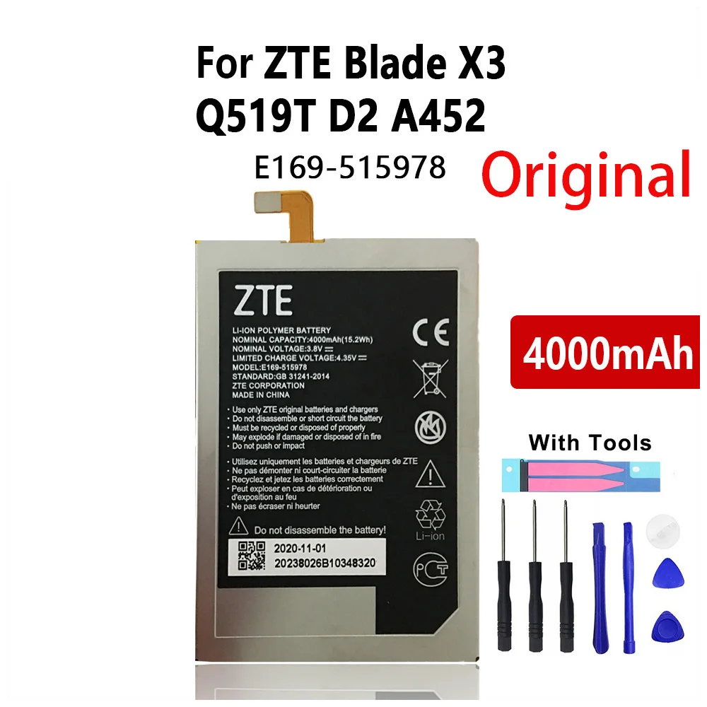 

100% Genuine Battery E169-515978 E169 515978 Battery for ZTE Blade X3 Q519T D2 A452 4000mAh Original Batteries With Tools