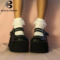 bonjomarisa big size 43 girls pumps solid buckle platform marry janes pumps women lolita thick bottom gothic shoes woman