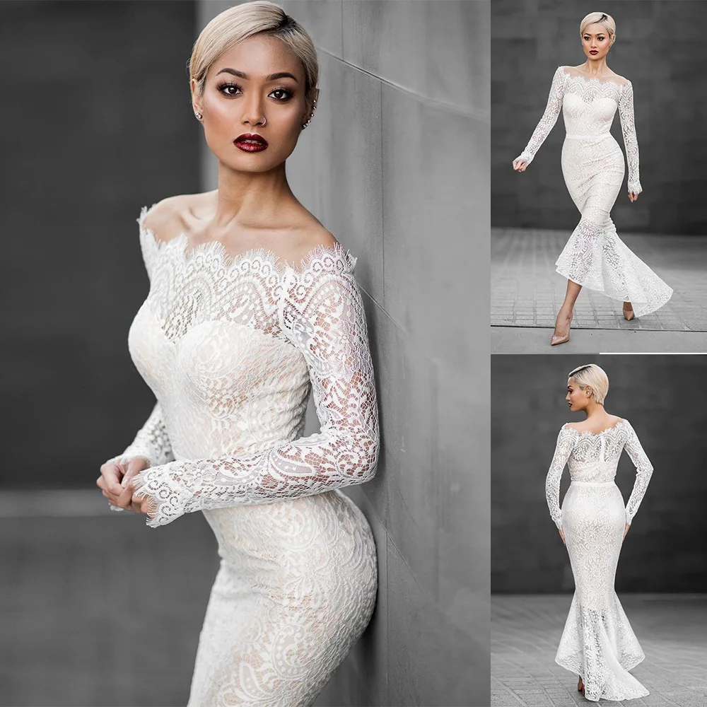 

2019 Sexy Women White Lace Dress Mermaid One-shoulder Long Sleeve Autumn Spring Party Long Elegant Dresses Vestido