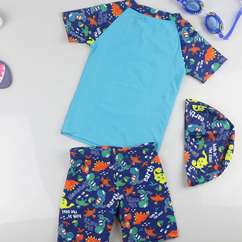 Children Swimwear 2021 3pcs Dinosaur Blue Swimsuit Boys Kids Swimming Hat Short Sleeve BathSuit Swim Beach Wear Cute Swimmwear