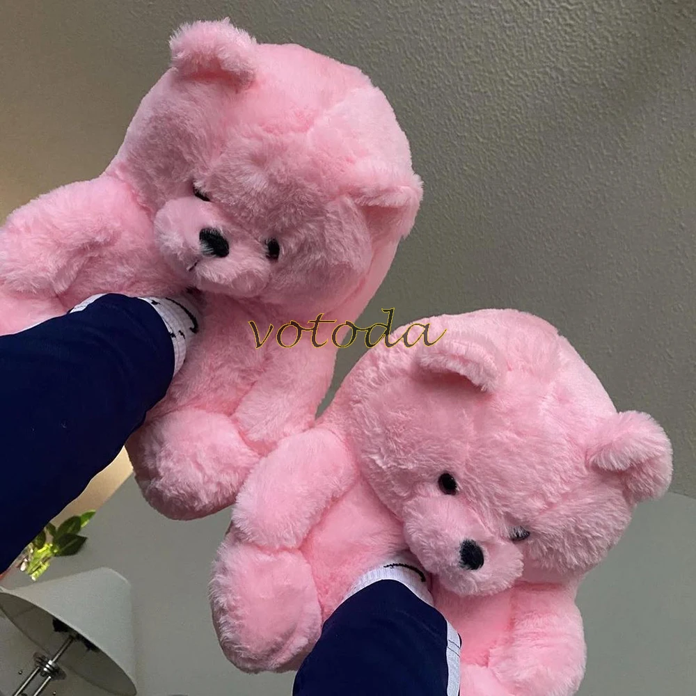 Teddy Bear Slippers Women Cute Cartoon Slides Furry Warm Soft Shoes Home Non-slip Cotton Flip Flops Rainbow Teddies Bear Slipper best house slippers