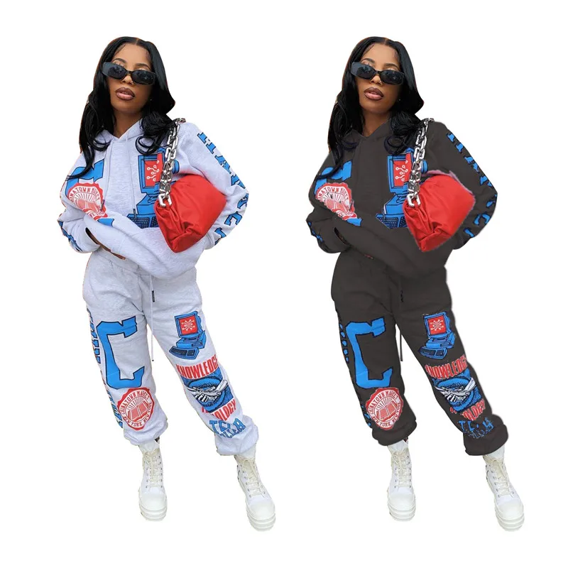 

Fashion Print Women Tracksuit Casual Active Two Piece Set Long Sleeve Pullover Hooded Sweatshirts + Pants Jogging Suit