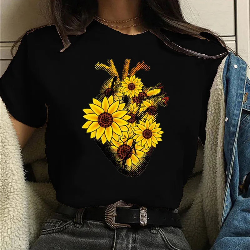

В форме сердца с принтом в виде подсолнухов, женская футболка с коротким рукавом и круглым вырезом, Свободная Женская футболка женская модн...