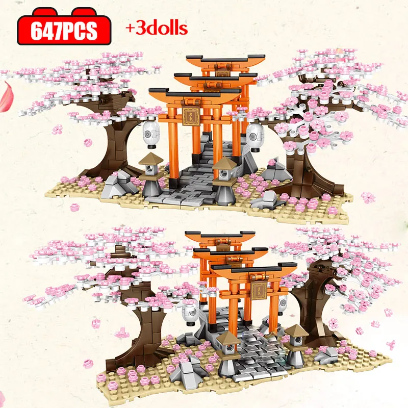 

City Friends Street View Idea Cherry Blossom Landscape House Building Blocks Sakura Stall Inari Shrine Bricks Toys for Children