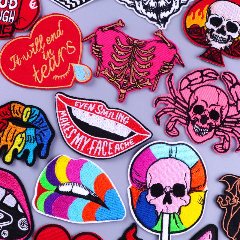 

Punk Lips Stripes Patches On Clothes Hippie Skull Embroidered Patch Iron On Patches For Clothing Colorful Stickers Badges Jacket