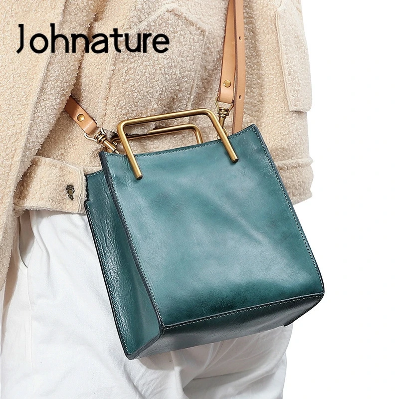 Johnature Genuine Leather Luxury Handbag 2022 New Fashion Women Bag Versatile Solid Color Soft Cowhide Shoulder & Crossbody Bags