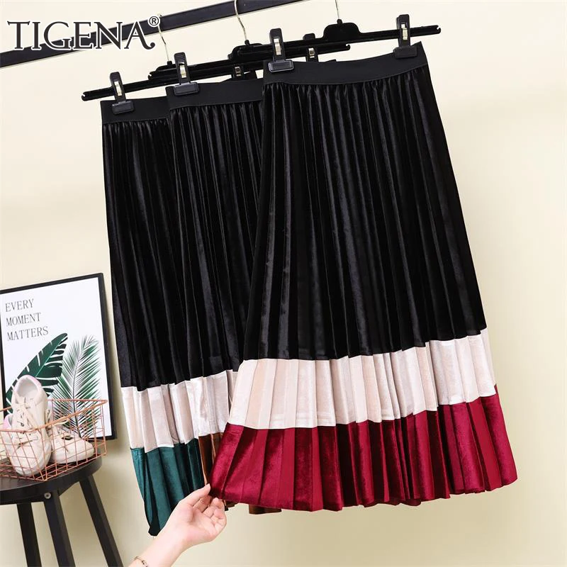 Женская длинная плиссированная юбка TIGENA толстый теплый из бархата для женщин на