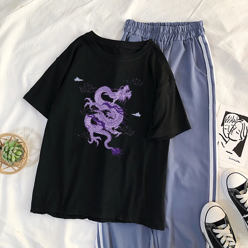 

2021 summer new fashion shirt dragon design half sleeve women's top round neck casual tight black funny girl's T-shirt