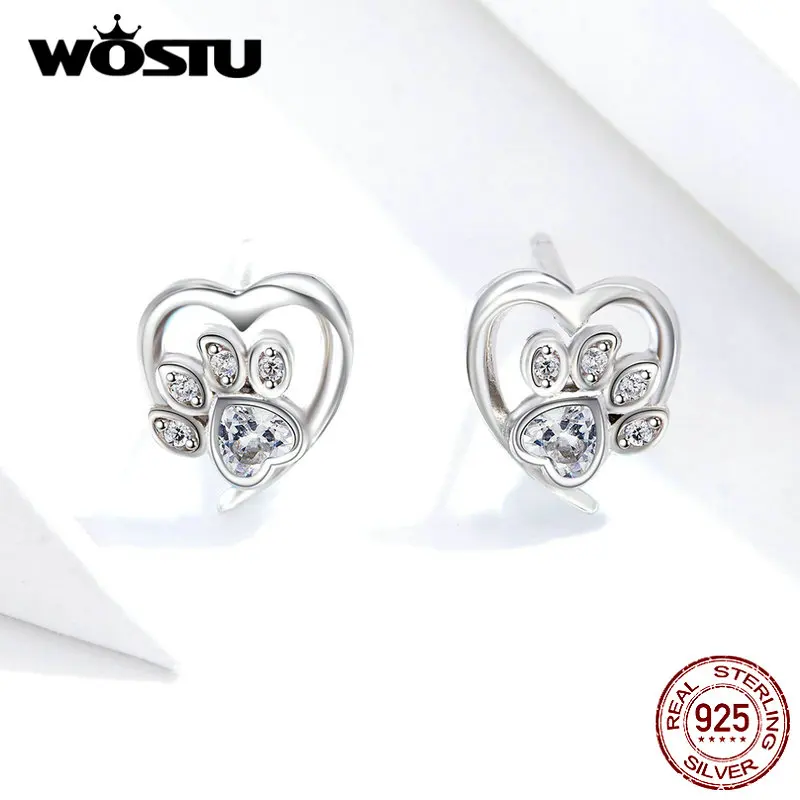 WOSTU, 3 цвета, настоящее 925 пробы, серебряные серьги-гвоздики в виде лапы собаки, синие и розовые серьги для женщин, свадебные ювелирные изделия FIE654