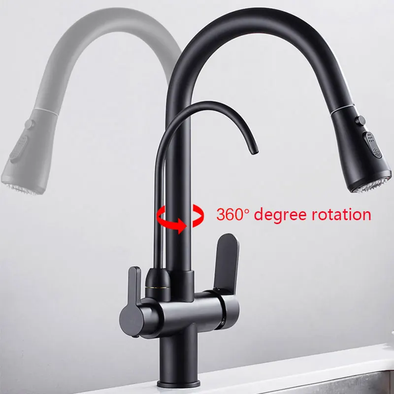 Filtered Crane For Kitchen Matte Black Pull Out Spray 360 Rotation Water Filter Tap Three Ways Sink Mixer Faucet | Обустройство дома