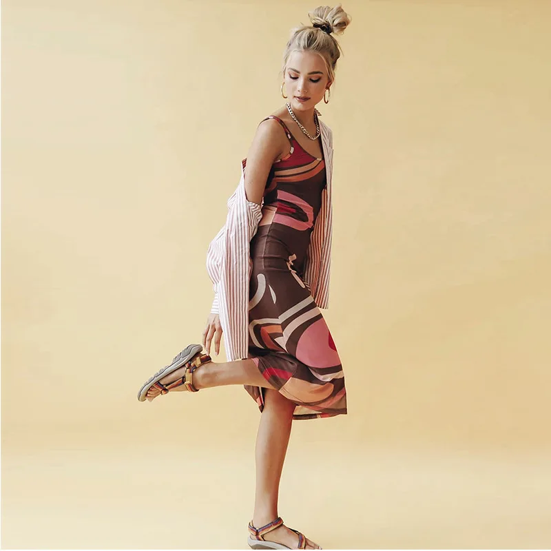 

New Womens Sleeveless Y2K Sling Dress Elegant Spaghetti Strap Robe Long Skirt Fashion Halter Digital Print Slim Dress Clubwear