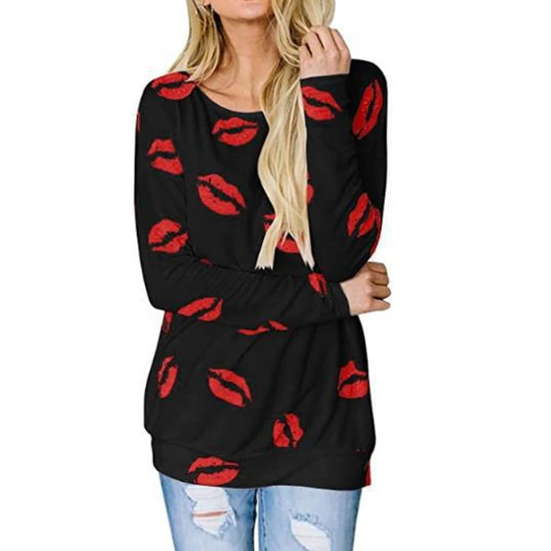 Женщин сезона весна осень Губ печатных футболка для девочек Осенняя с длинными