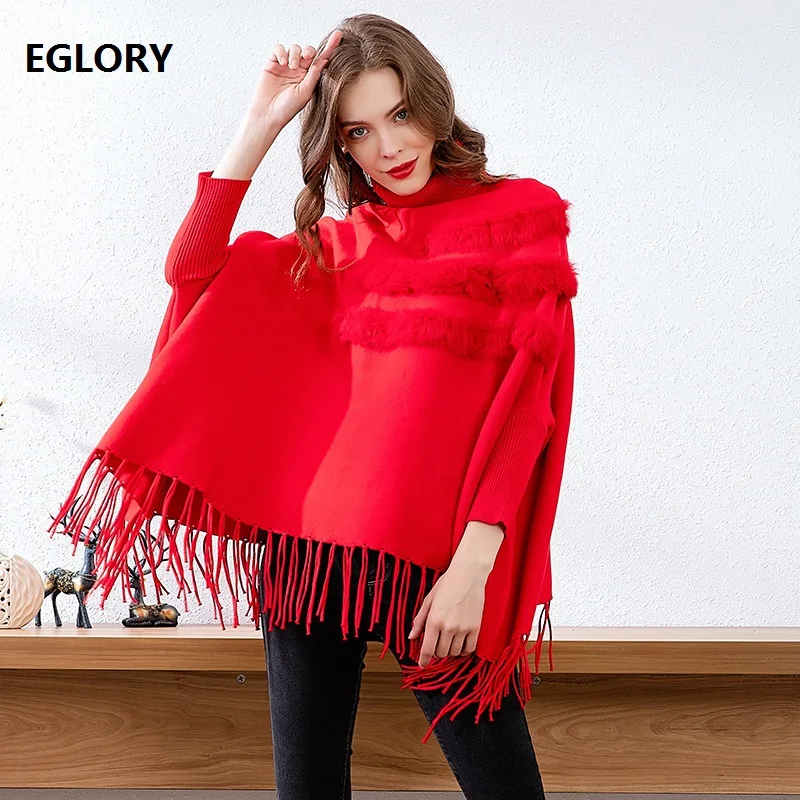 

Tassel Sweaters 2019 Autumn Winter Casual Pullovers Women Turtleneck Rabbit Hair Patchwork Long Sleeve Knitted Jumpers Red Black
