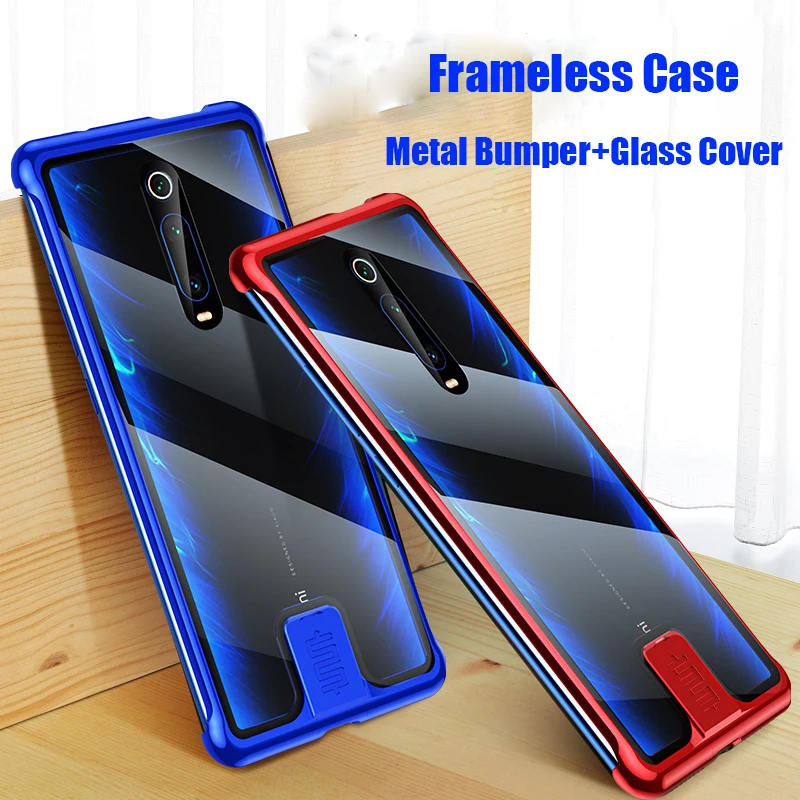 

Slim Frameless Metal Phone Case For Xiaomi Redmi K20 Pro Case K20Pro Tempered Glass Cover for Xiaomi Mi 9T Metal Bumper Case
