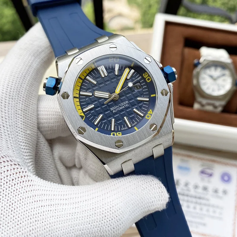 Новые Мужские автоматические механические черные и синие резиновые часы из