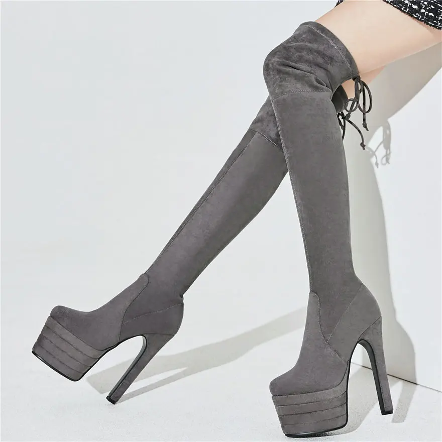 

Women Stretchy Velvet High Heel Over The High Knee Motorcycle Boots Female Lace Up Pointed Toe Slim Leg Platform Pumps Shoes