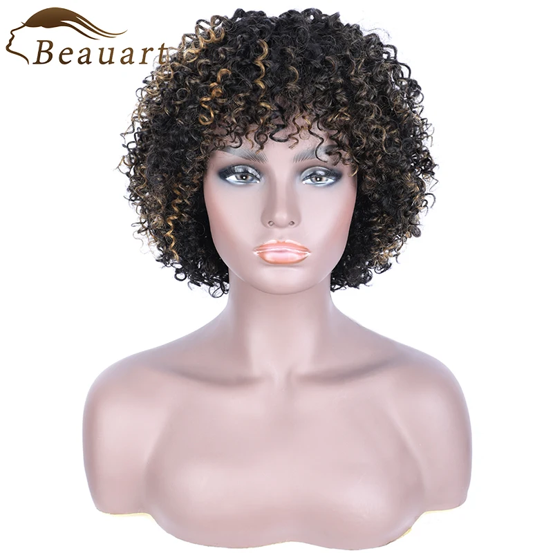 

Beauart 100% Human Hair Bob Cut Full Wigs For Black Women 12"Short Natural Curls Wig With Bangs Ombre Brown Curly Machine Wigs