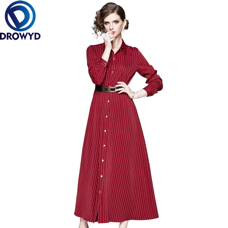 Женское длинное платье в красную полоску DROWYD повседневное однобортное стиле