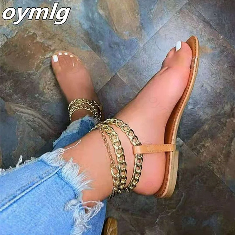 

Women Summer Beac Sandals Flats Shoes Woman Pu Sandals Leather Plus Size Flip Thong Gothic Chain Sandalias Mujer Sapato Feminino