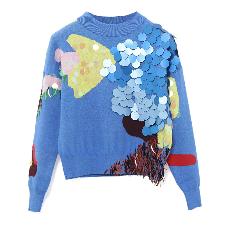 

2019 New Autumn Winter Women Sweaters And Pullovers Knitted Appliques Beading Embroidery O Neck Jumpers Female Outfits Sky Blue