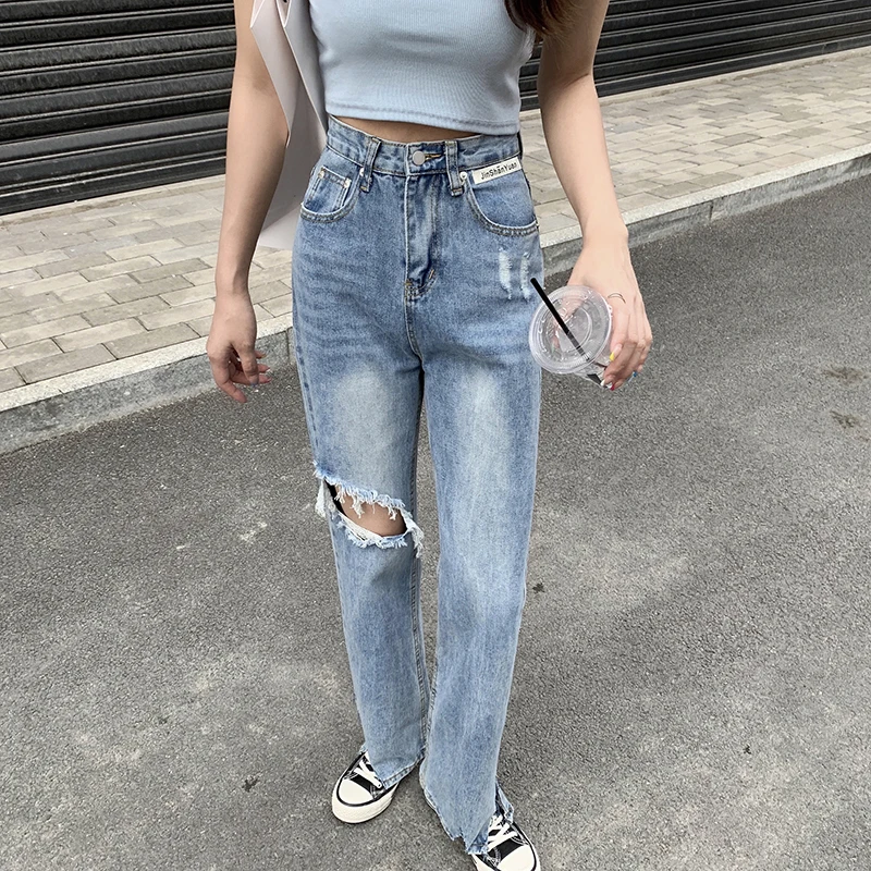 

Broken Hole Split Cotton Denim Jeans Women European Spring Autumn Harajuku High Waist Loose Flare Wide Leg Pants
