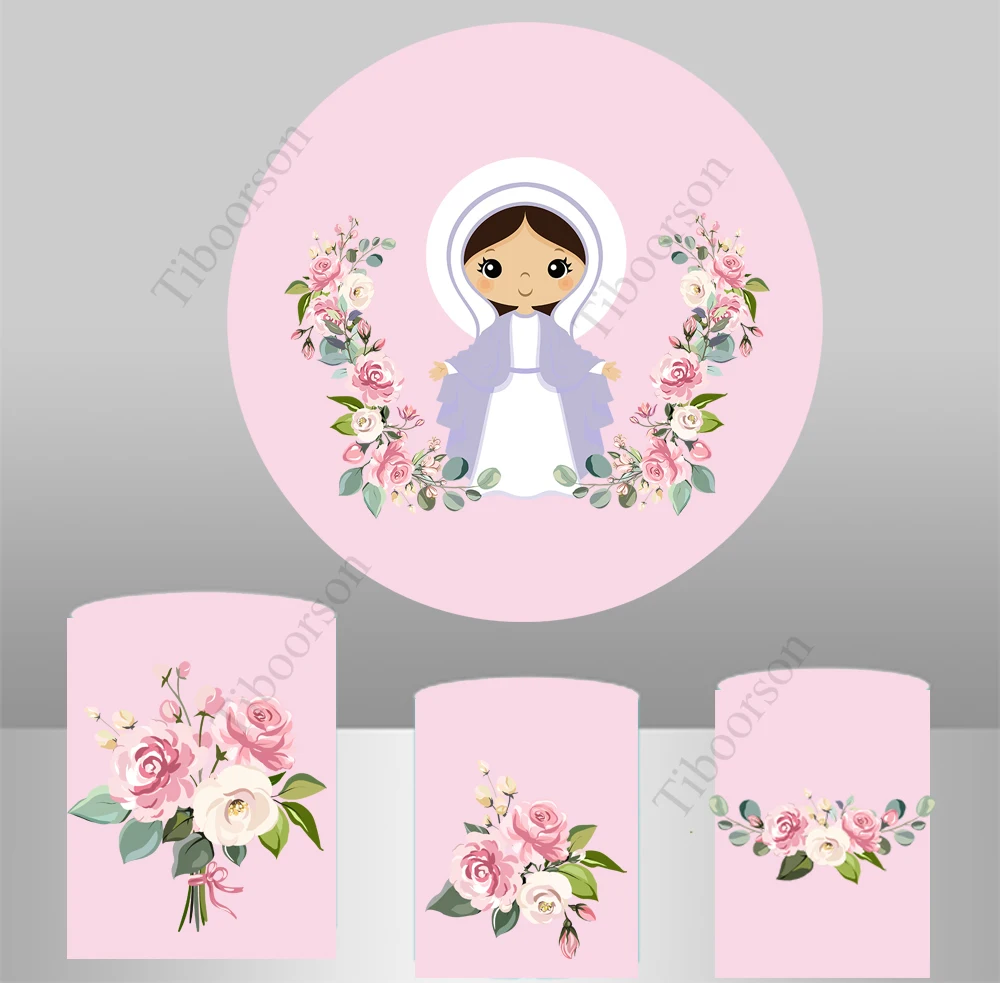Girl Baptism Round Backdrop Cover Wood Board Pink Flower Baby Shower Party Circle Background My First Communion Decoration Table