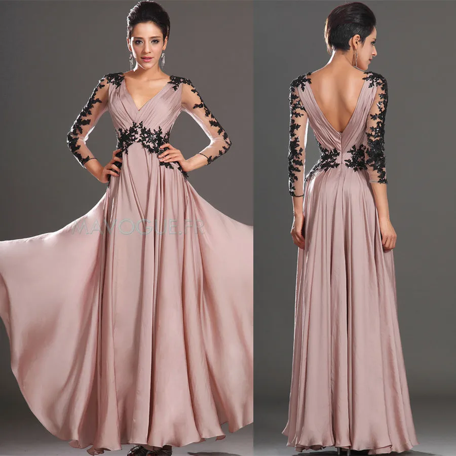 

2020 elegant long sleeve evening dress prom dress lace sleeve backless v neck evening gowns for women N1
