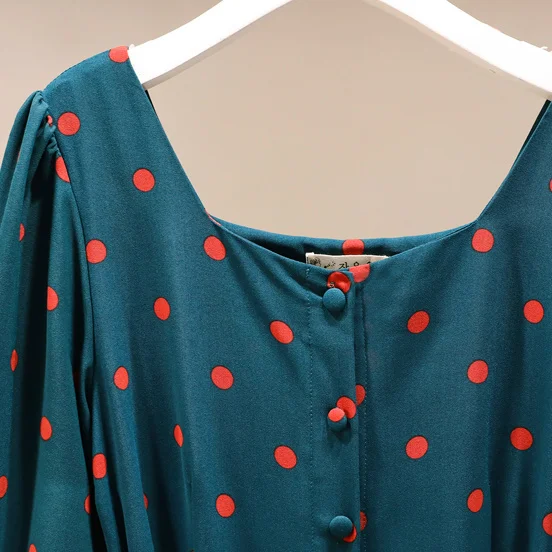 

Women 2021 Spring Autumn New Plus Size Loose Dress Female Mid-long Dot Dresses Ladies Square Collar A-Line Vestidos D715