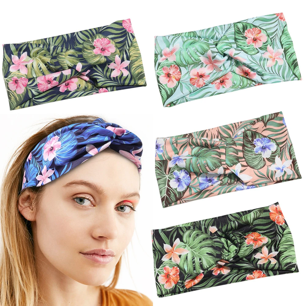 

Stretch Cotton Women Headband Boho Style Cross Knot Girls Yoga Headbands Sports Turban Flower Printed Headwrap Headgear Ladies