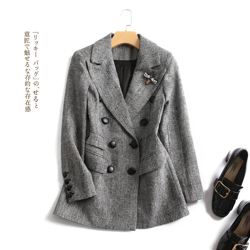 Женский шерстяной Блейзер элегантный двубортный блейзер в клетку Женская