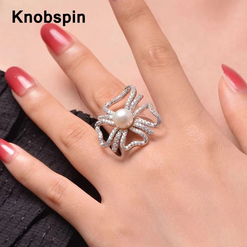 

Knobspin S925 Sterling Silver 8mm Pearl Bowknot Resizable Luxury Rings For Women Wedding Sparkling Party Fine Jewelry Wholesale