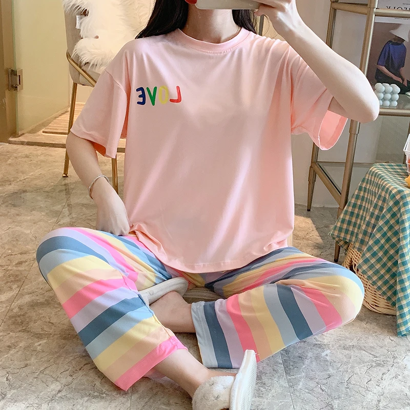 Sleepwear Sets for Women Lovely Pattern Pajamas Set Thin Cotton Short Sleeve Pant Home Wear Lazy Style Lady Underwear Pijamas | Женская