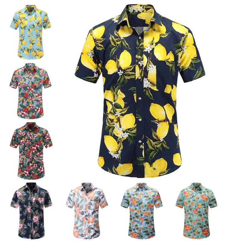 

2021 Hawaiian Men's Short Sleeve Shirt Lemon Print Beach Shirt