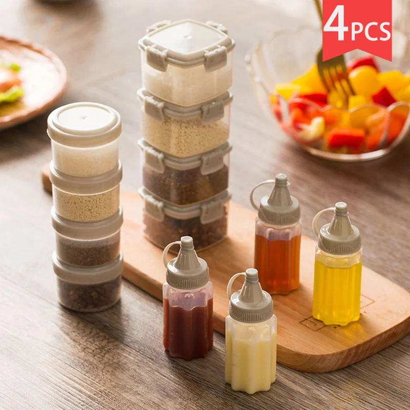 

4PCS/Set Mini Portable Seasoning Box Jam Squeeze Bottle Suit Barbecue Seasoning Sauce Bottle Kitchen Transparent Spice Jar