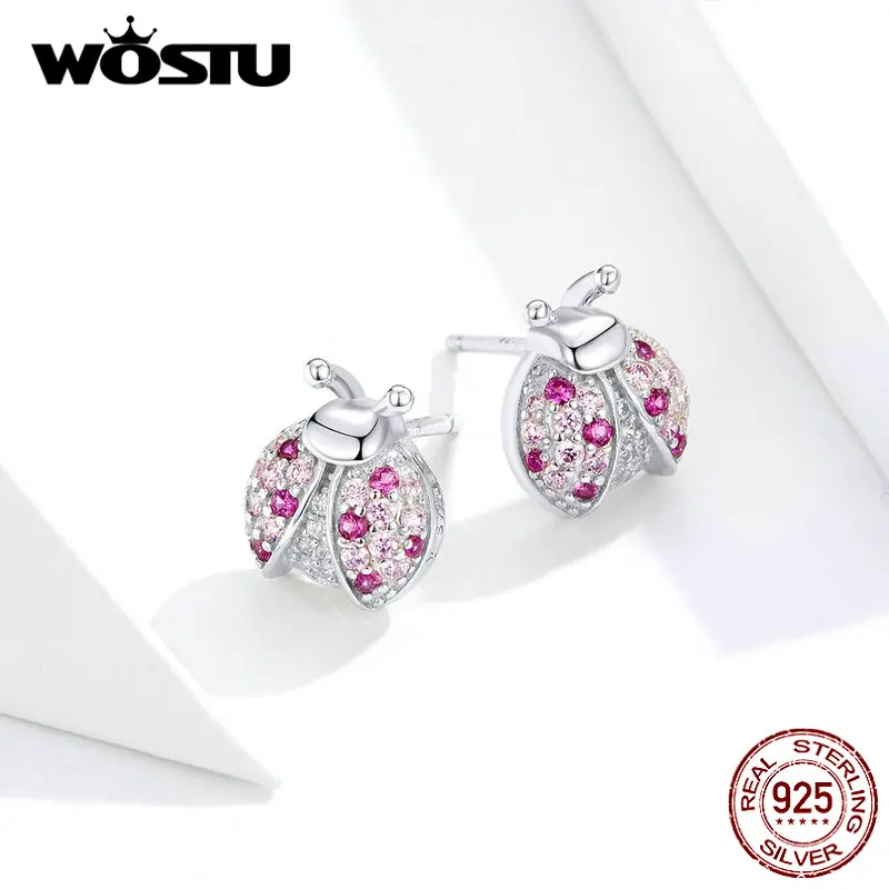 WOSTU 925 пробы серебро Божья коровка розовый циркон серьги-клипс серебро 925 ювелирные изделия для женщин Свадебные серьги, ювелирные изделия CQE715