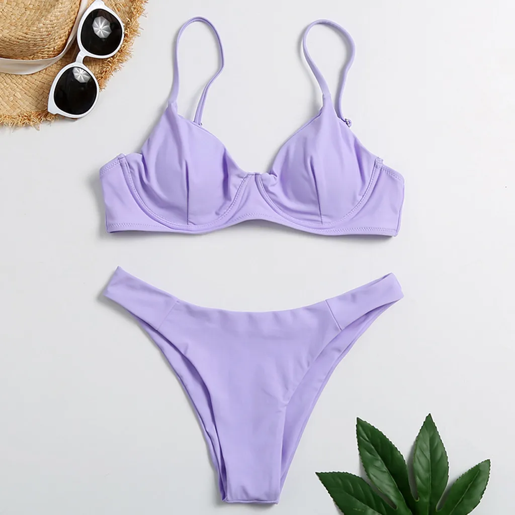 

TELOTUNY Women's swimsuits Summer Ladies Solid Sexy Push-Up Split Swimwear Beachwear Bikini Summer Beach Bathing Suit Swim Wear