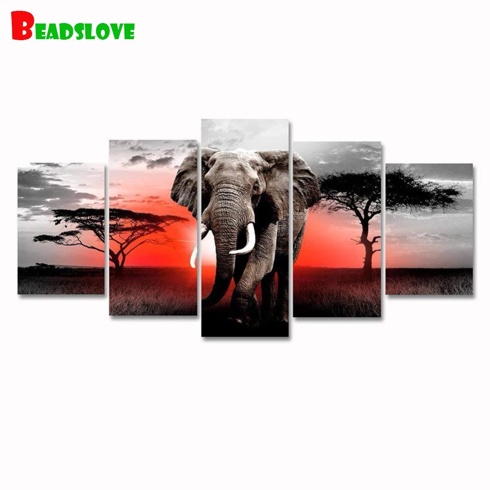 

Алмазная вышивка, 5 панелей, дикие животные, слон, 3d живопись, алмазная живопись, Алмазная мозаика, вышивка крестиком, украшение для дома