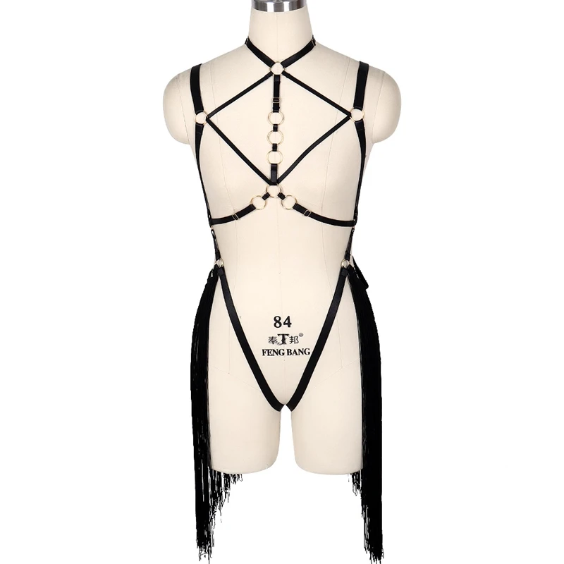 

Goth Sexy Lingerie Body Haeness Set Garter Bondage Cage Bra Punk Metal Ring-O And Tassell Accessories Suspenders Harness Women