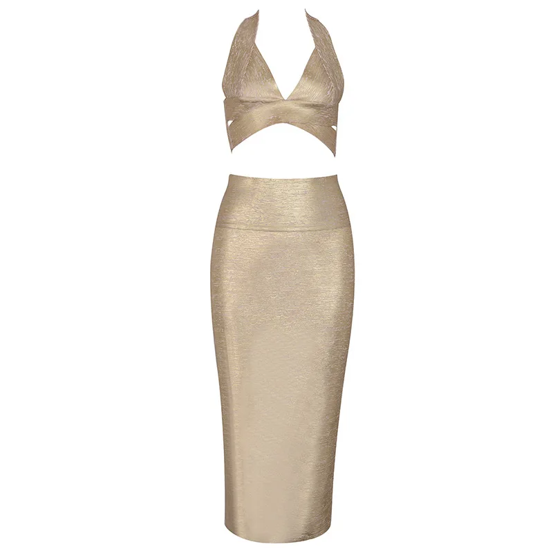 

2020 new bandage suit dress 2 two piece gold V-neck evening dress