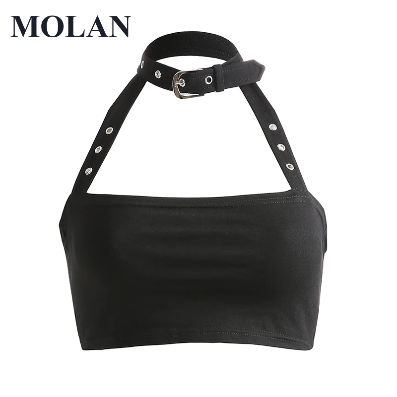 

MOLAN Sexy Camis Vest Metal Buckle Hanging Neck Choker Sexy Ultra-Short Small Vest 2021 Spring New Female Chic Fashion Top